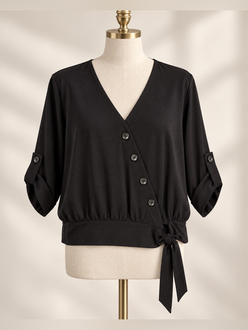 a.n.a. Black V-Neck Side-Tie Button-Front Blouse – Medium